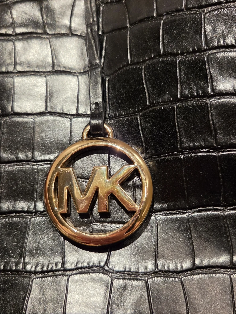 Michael Kors Black Croc-Embossed Leather Satchel with Gold Hardware
